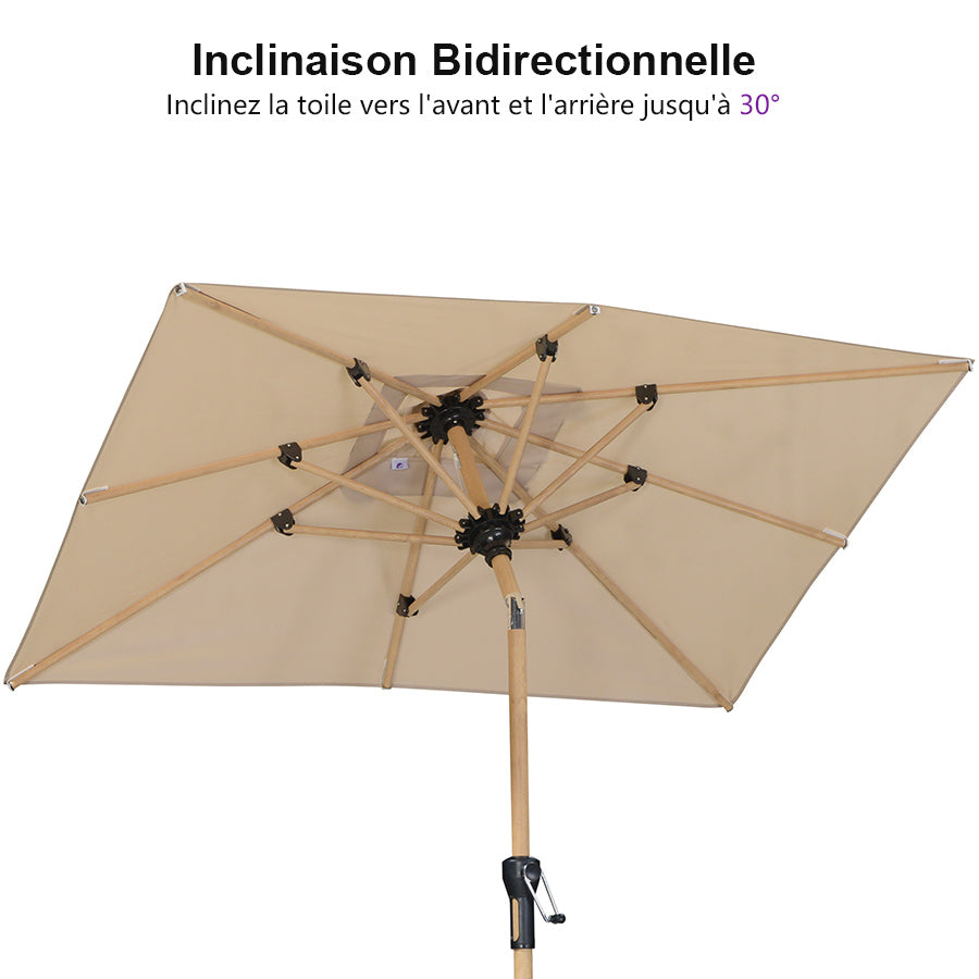PURPLE LEAF Parasol Droit Inclinable de Marché d'Extérieur en Aluminium avec Effet Bois Pour Table de Jardin Carré Rectangle Rond