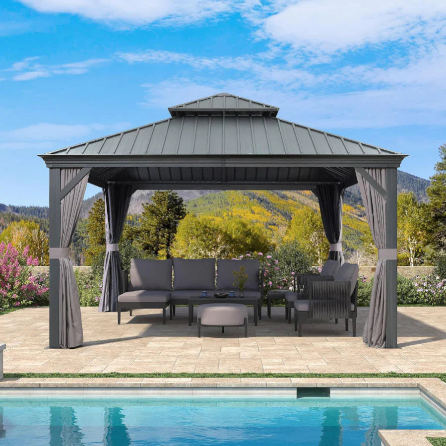 PURPLE LEAF Tonnelle De Jardin Exterieur Tonnelle Aluminum Avec Moustiquaire Et Rideaux Pavillon De Jardin à Double Toit Acier Galvanisé, Gris