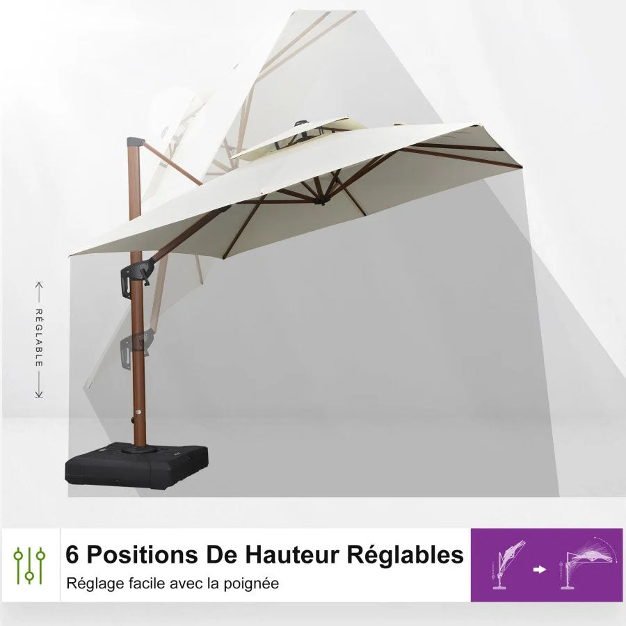 PURPLE LEAF Parasol Déporté Rectanglulaire Grain de Bois en Aluminium avec socle