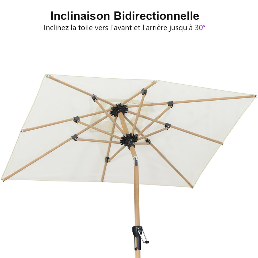 PURPLE LEAF Parasol Droit Inclinable de Marché d'Extérieur en Aluminium avec Effet Bois Pour Table de Jardin Carré Rectangle Rond