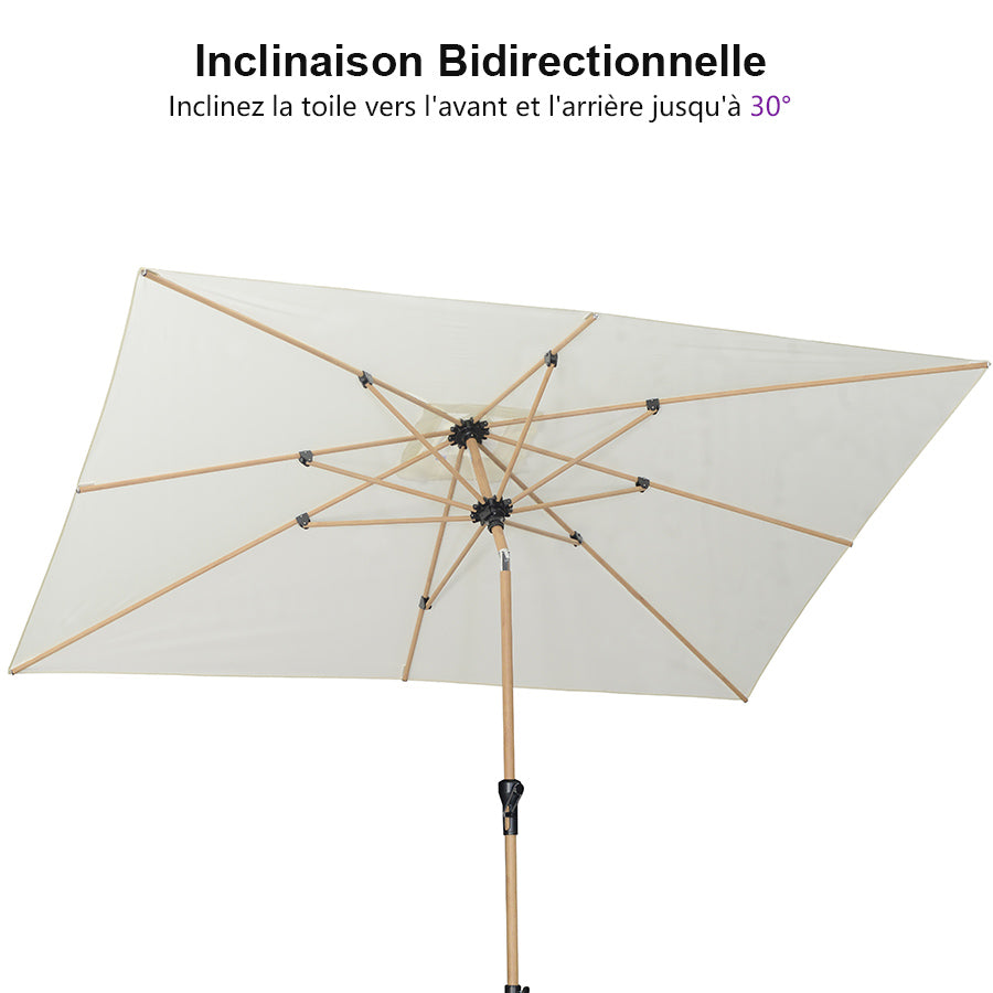 PURPLE LEAF Parasol Droit Inclinable de Marché d'Extérieur en Aluminium avec Effet Bois Pour Table de Jardin Carré Rectangle Rond