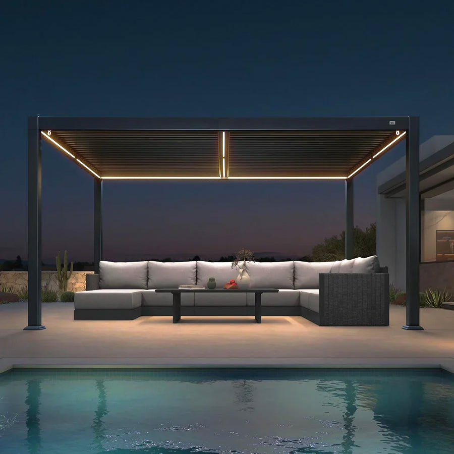 PURPLE LEAF Pergola Bioclimatique Toit à Lames avec Bande Lumineuse LED pour Terrasse Jardin, Gris