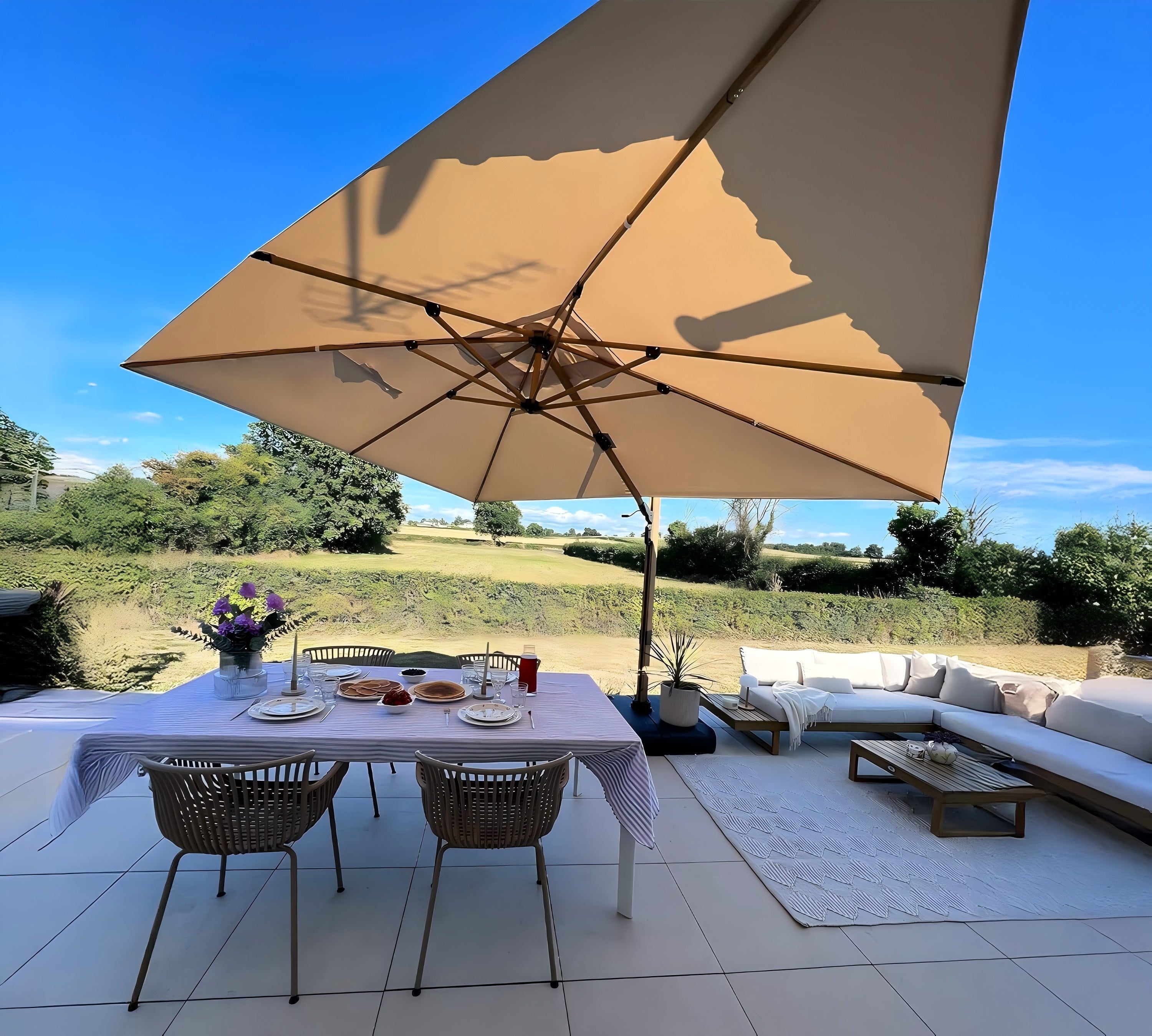 PURPLE LEAF Parasol Déporté Mégagrand à Motif Bois à Manivelle avec Mât Ultra-Renforcé Parasol d'Extérieur de Jardin Carré Rectangle