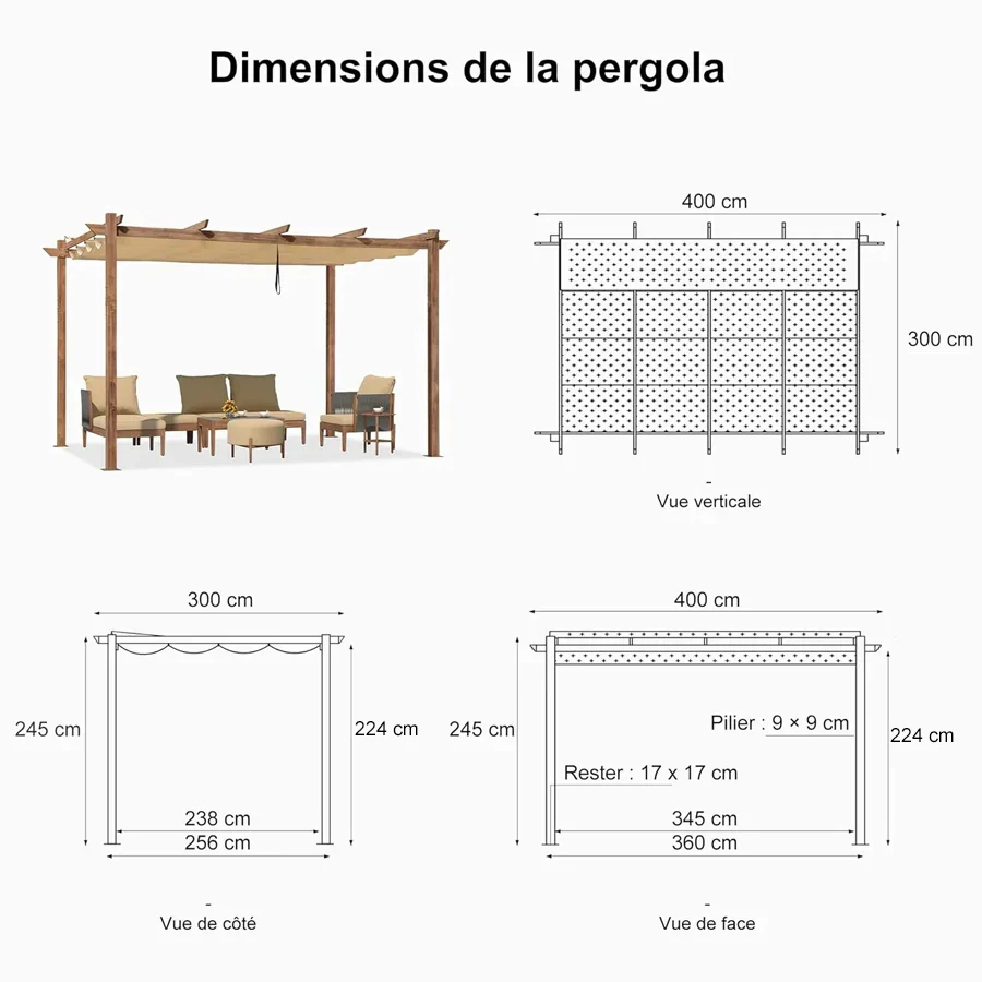 PURPLE LEAF Pergola Rétractable Extérieure Effet Bois en Métal avec Auvent Pare-Soleil pour Jardin Patio Porche Pavillon Avec Guirlandes Lumineuses Transparentes