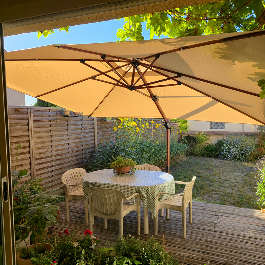 PURPLE LEAF Parasol Déporté Rectanglulaire Grain de Bois en Aluminium avec socle