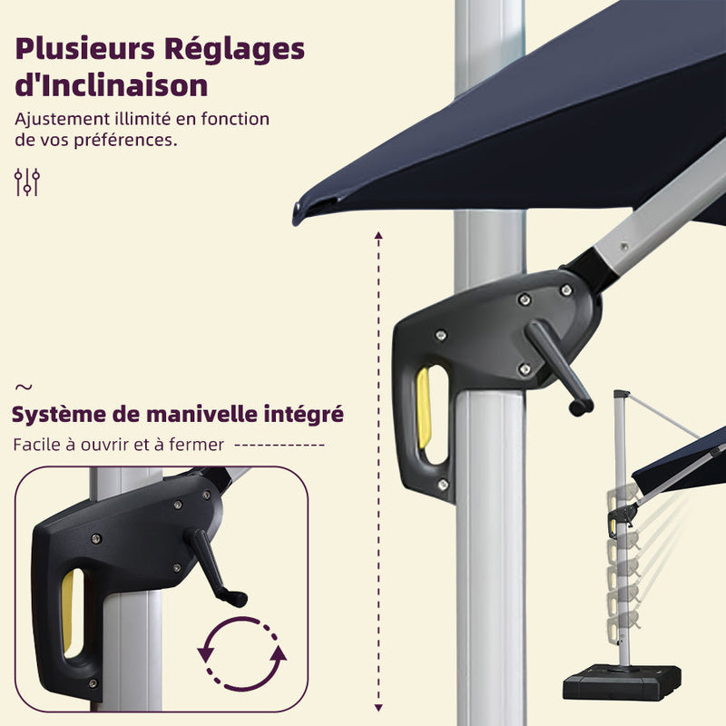 PURPLE LEAF Parasol de jardin extérieur rond avec LED, avec manivelle, inclinable, avec socle