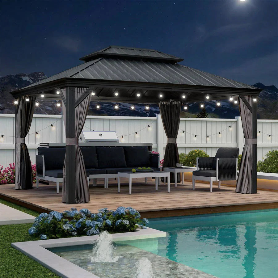 PURPLE LEAF Tonnelle de Jardin Gamme Luxe avec Éclairage LED Intégré - Abat-Jour Blanc Opalin Anti-Éblouissement, Pavillon Gris