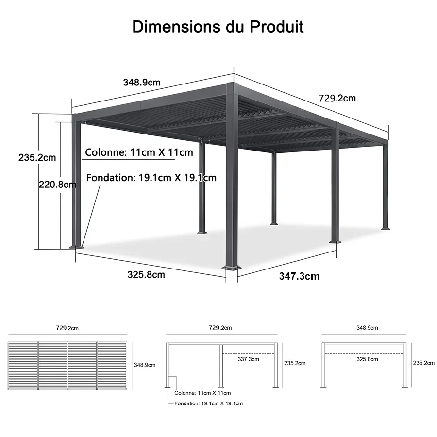 PURPLE LEAF Pergola Bioclimatique d'extérieur en aluminium à toit réglable pour terrasse et jardin grise