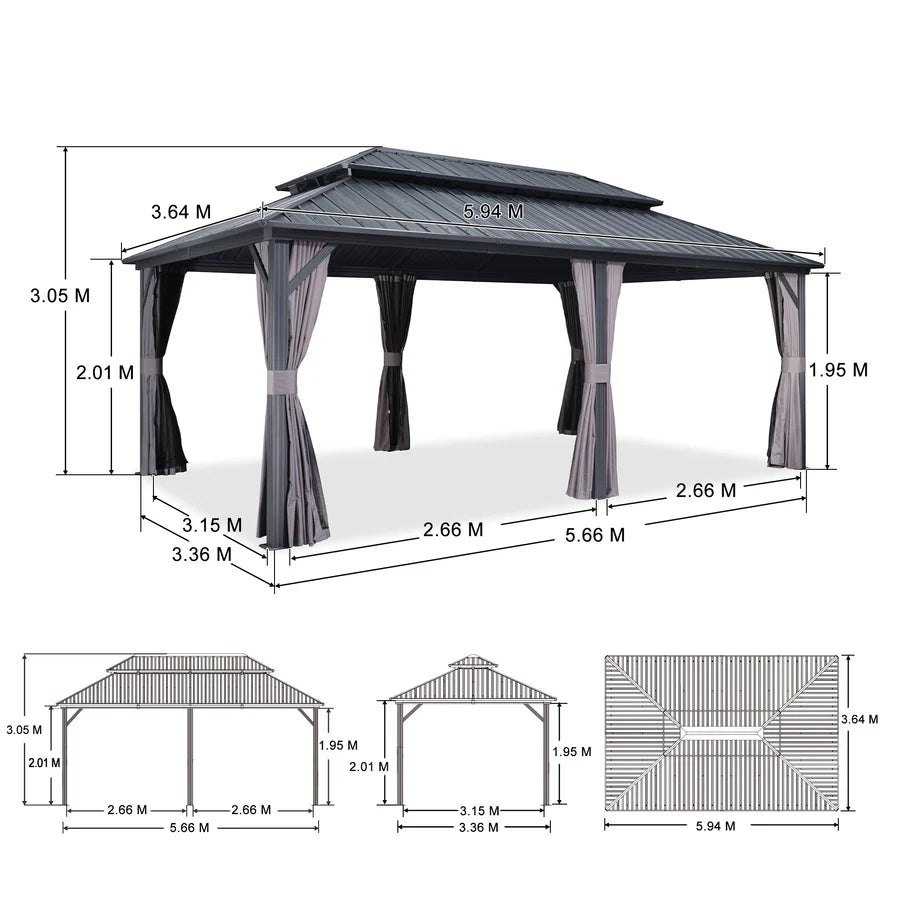 PURPLE LEAF Tonnelle De Jardin Exterieur Tonnelle Aluminum Avec Moustiquaire Et Rideaux Pavillon De Jardin à Double Toit Acier Galvanisé, Gris