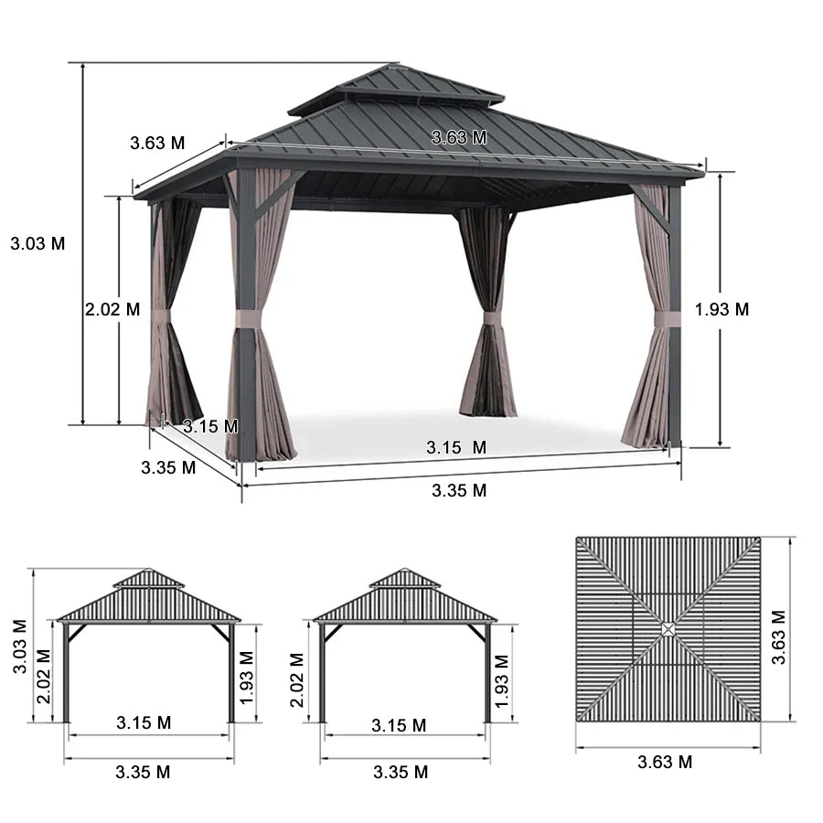 PURPLE LEAF Tonnelle De Jardin Exterieur Tonnelle Aluminum Avec Moustiquaire Et Rideaux Pavillon De Jardin à Double Toit Acier Galvanisé, Gris