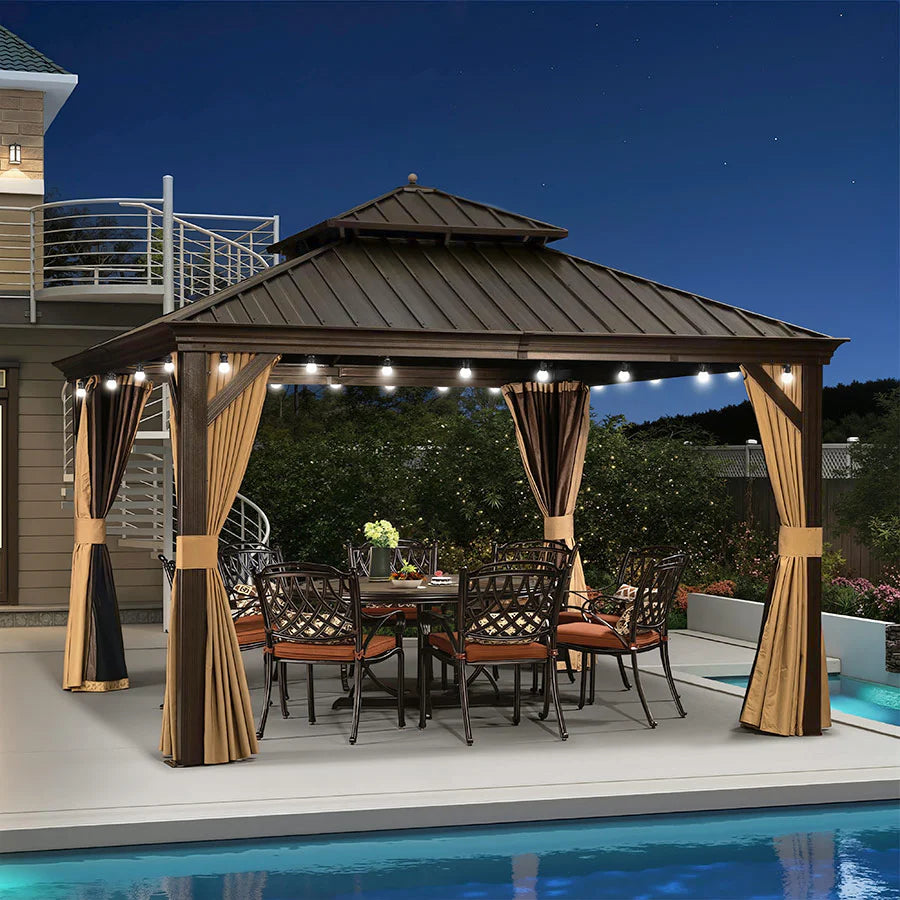 PURPLE LEAF Tonnelle de Jardin Avec Toit Rigide Double Toit de Bronze Pergola Aluminium, Avec Guirlande Lumineuse Blanc Lait