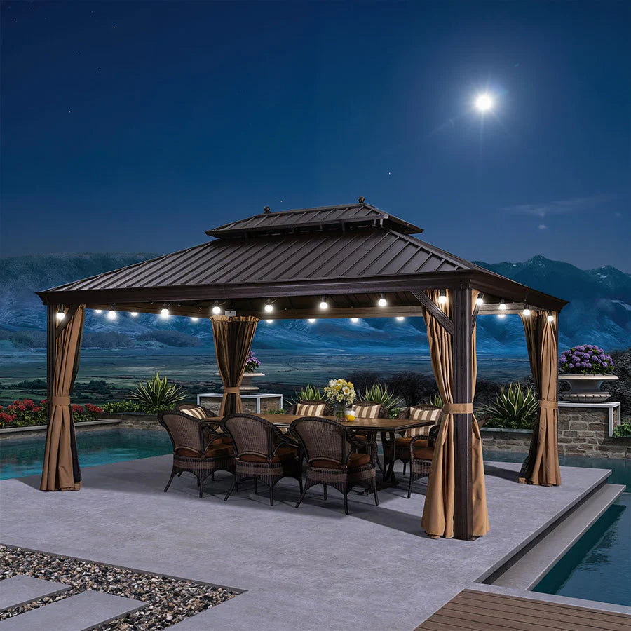 PURPLE LEAF Tonnelle de Jardin Avec Toit Rigide Double Toit de Bronze Pergola Aluminium, Avec Guirlande Lumineuse Blanc Lait