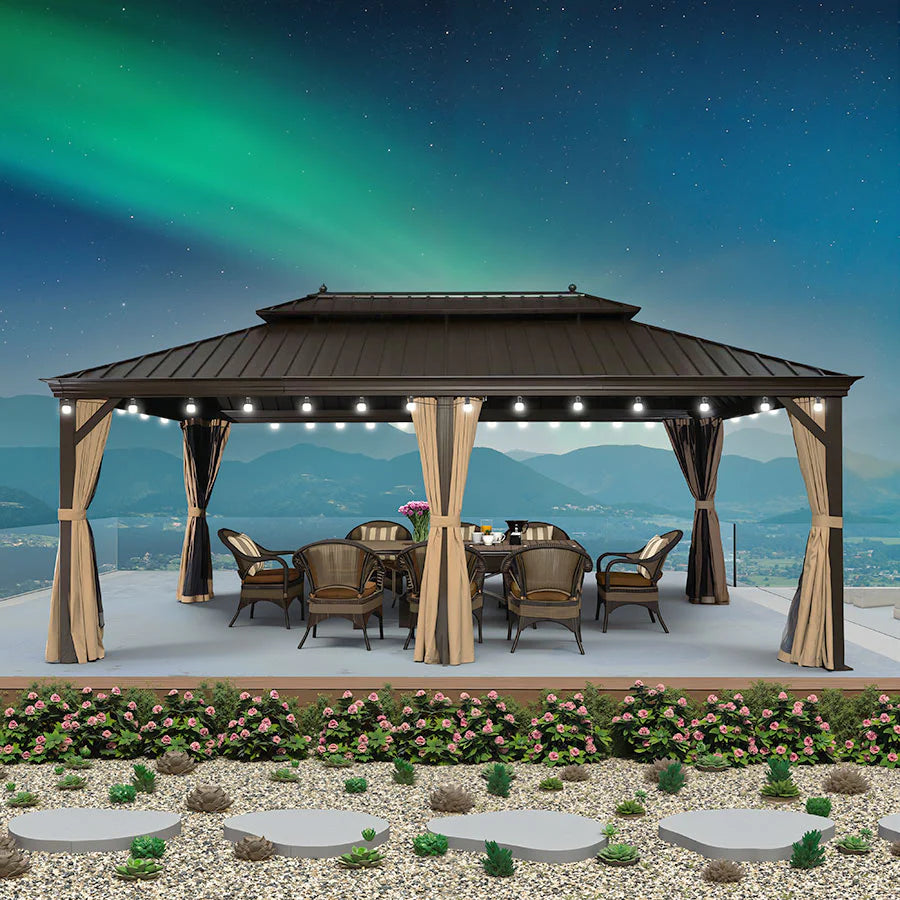 PURPLE LEAF Tonnelle de Jardin Avec Toit Rigide Double Toit de Bronze Pergola Aluminium, Avec Guirlande Lumineuse Blanc Lait