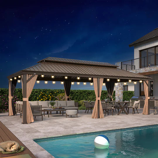 PURPLE LEAF Tonnelle de Jardin, Toit Double en Acier Galvanisé, Avec Rideaux Améliorés et Guirlandes Lumineuses Transparentes, Bronze