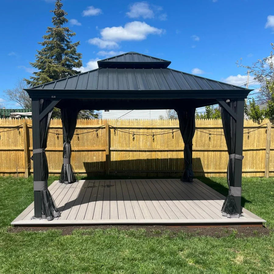 PURPLE LEAF Tonnelle de Jardin Gamme Luxe avec Éclairage LED Intégré - Abat-Jour Blanc Opalin Anti-Éblouissement, Pavillon Gris