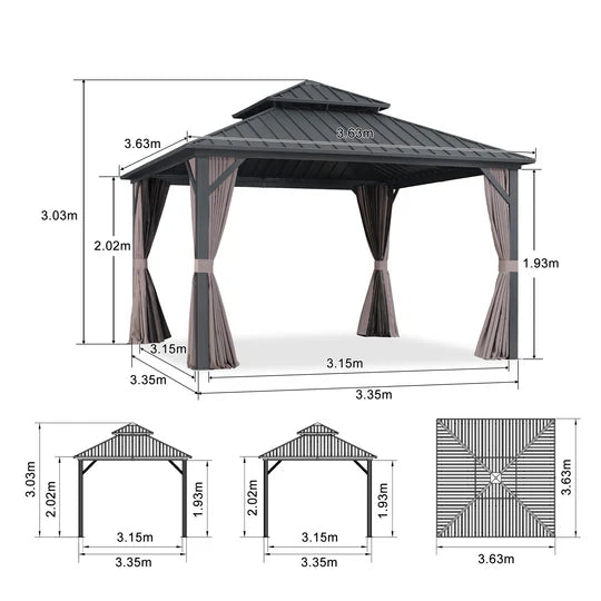 PURPLE LEAF Tonnelle Rigide Gris Modèle Léger Toit Double Robuste Acier Galvanisé Pergola Aluminium Avec Guirlandes Lumineuses Lait