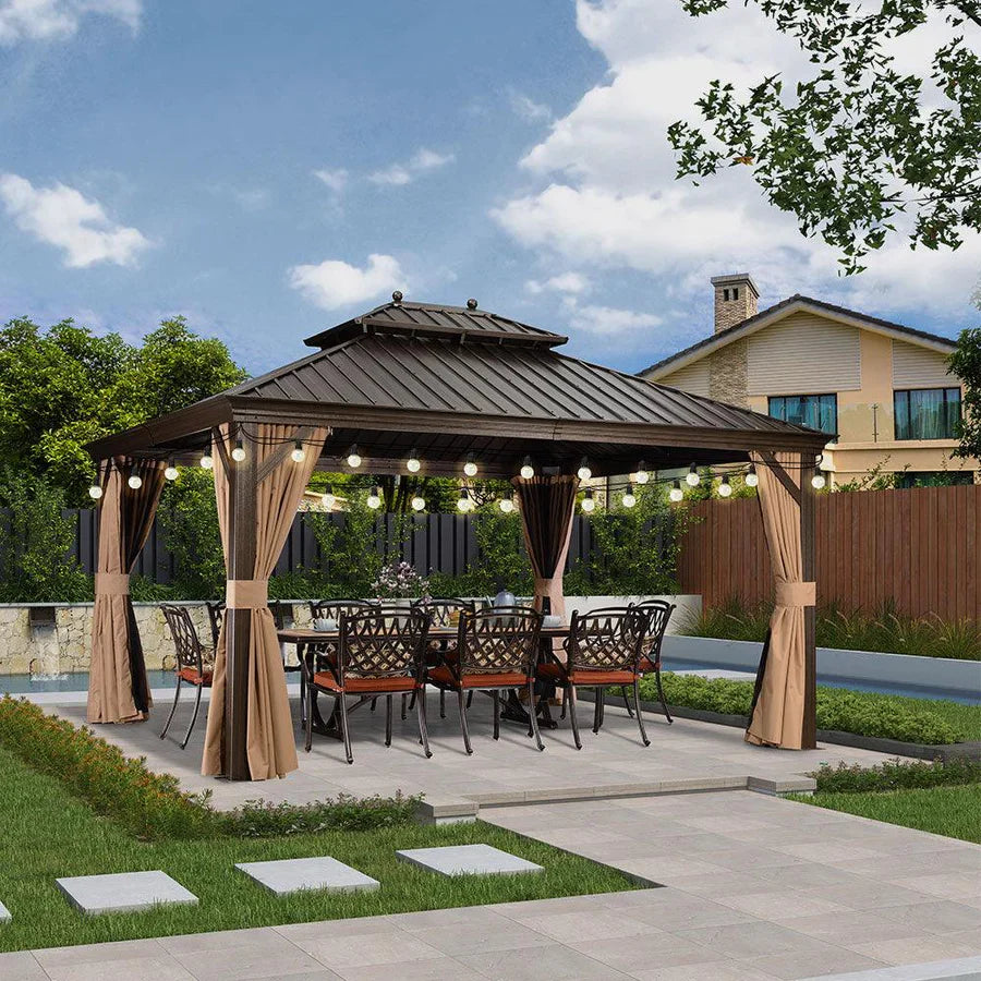 PURPLE LEAF Tonnelle de Jardin, Toit Double en Acier Galvanisé, Avec Rideaux Améliorés et Guirlandes Lumineuses Transparentes, Bronze