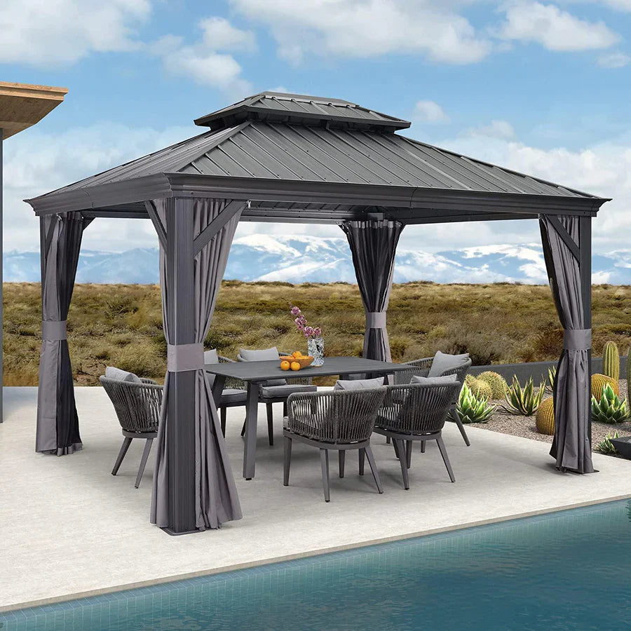 PURPLE LEAF Tonnelle De Jardin Exterieur Tonnelle Aluminum Avec Moustiquaire Et Rideaux Pavillon De Jardin à Double Toit Acier Galvanisé, Gris