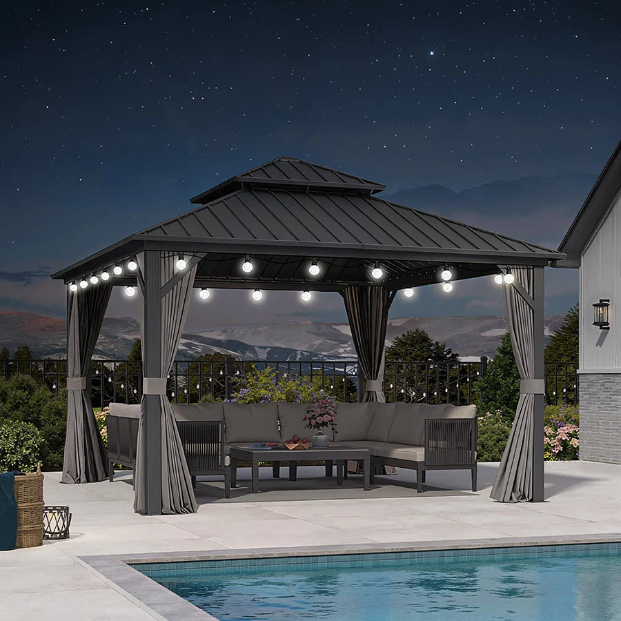 PURPLE LEAF Tonnelle Rigide Gris Modèle Léger Toit Double Robuste Acier Galvanisé Pergola Aluminium Avec Guirlandes Lumineuses Lait