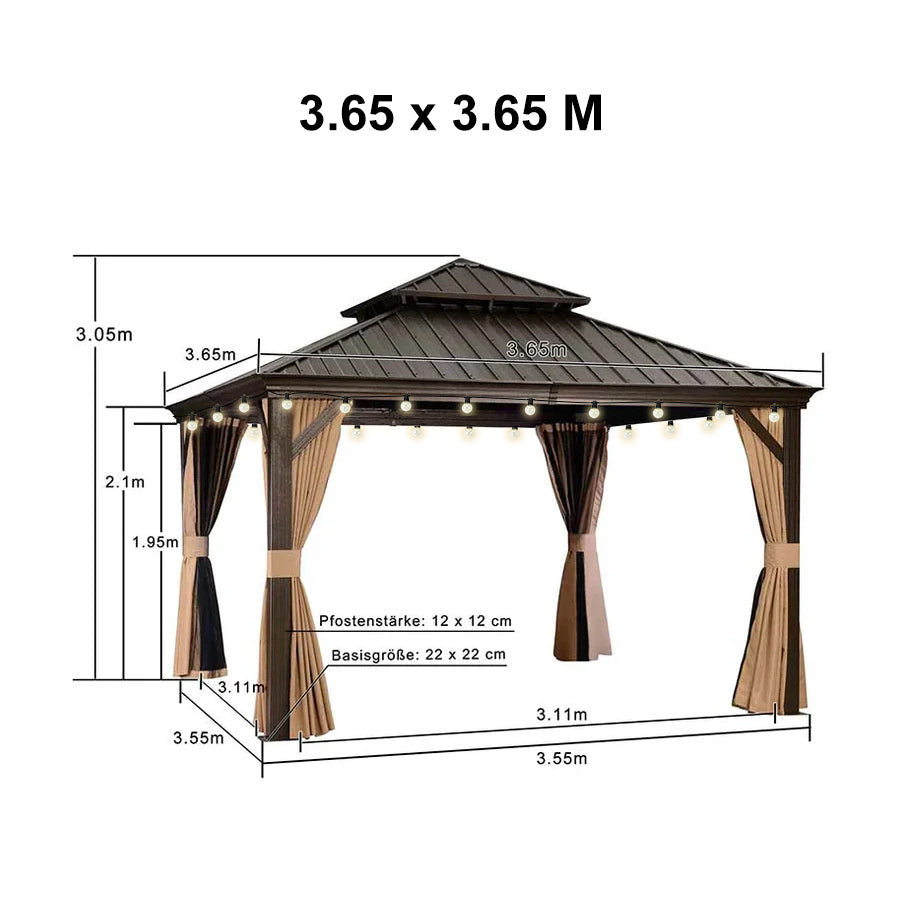 PURPLE LEAF Tonnelle de Jardin, Toit Double en Acier Galvanisé, Avec Rideaux Améliorés et Guirlandes Lumineuses Transparentes, Bronze