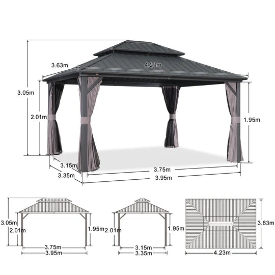 PURPLE LEAF Tonnelle Rigide Gris Modèle Léger Toit Double Robuste Acier Galvanisé Pergola Aluminium Avec Guirlandes Lumineuses Lait