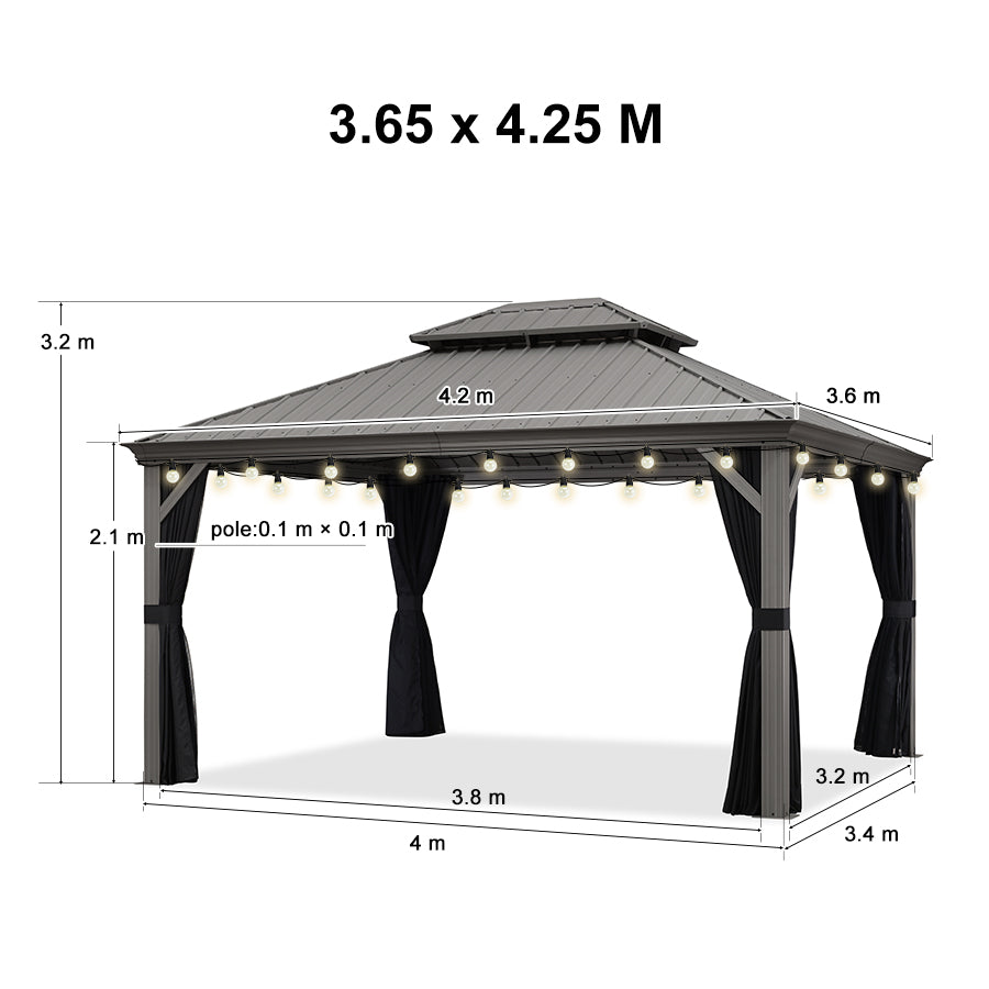 PURPLE LEAF Tonnelle de Terrasse et de Jardin, Toit Rigide en Acier Galvanisé, Conception de Gouttière avec Guirlandes Lumineuses Transparentes, Gris Clair