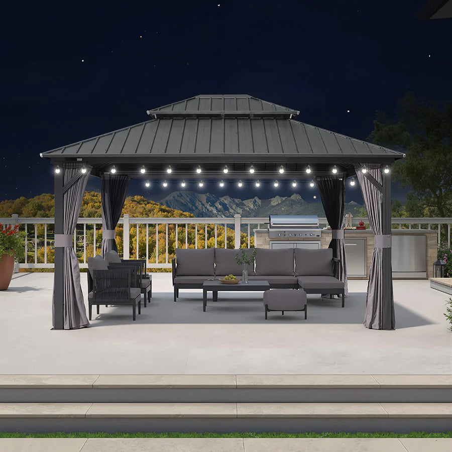 PURPLE LEAF Tonnelle Rigide Gris Modèle Léger Toit Double Robuste Acier Galvanisé Pergola Aluminium Avec Guirlandes Lumineuses Lait