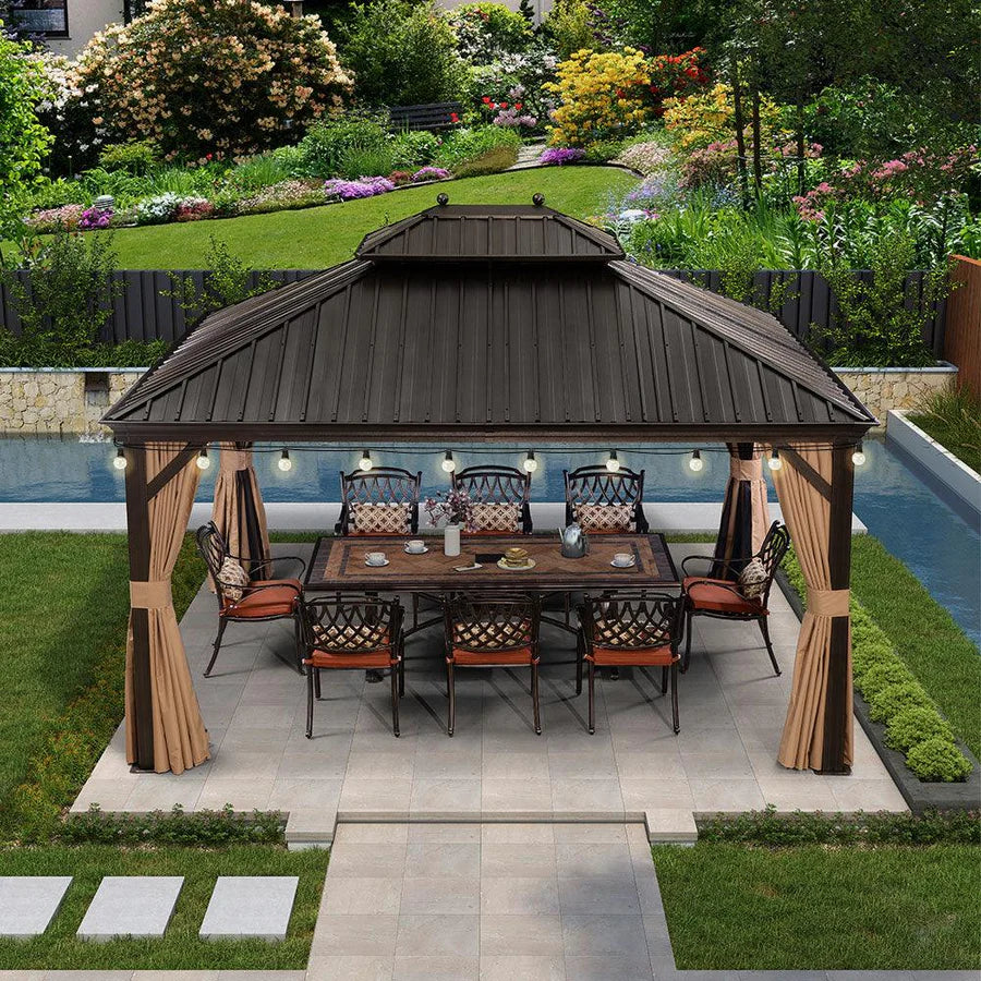 PURPLE LEAF Tonnelle de Jardin, Toit Double en Acier Galvanisé, Avec Rideaux Améliorés et Guirlandes Lumineuses Transparentes, Bronze