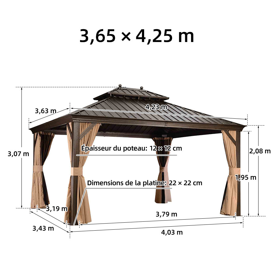 PURPLE LEAF Tonnelle de Jardin Toit Rigide - Pavillon de Terrasse avec Rideaux & Moustiquaire, Anti-Vent & Pluie, Structure Aluminium & Acier Galvanisé Bronze