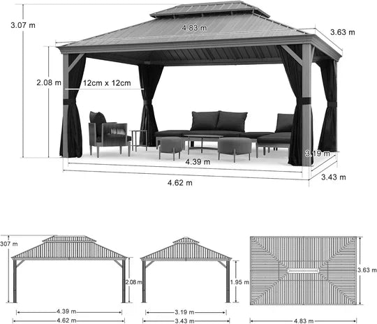 PURPLE LEAF Pavillon Rigide Extérieur en Gris Clair Pergola Aluminium Toit Double Avec Guirlande Lumineuse Lait