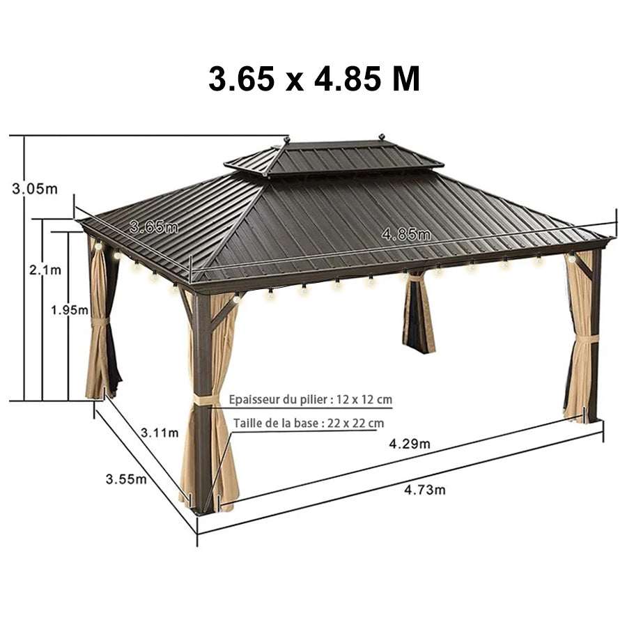 PURPLE LEAF Tonnelle de Jardin, Toit Double en Acier Galvanisé, Avec Rideaux Améliorés et Guirlandes Lumineuses Transparentes, Bronze