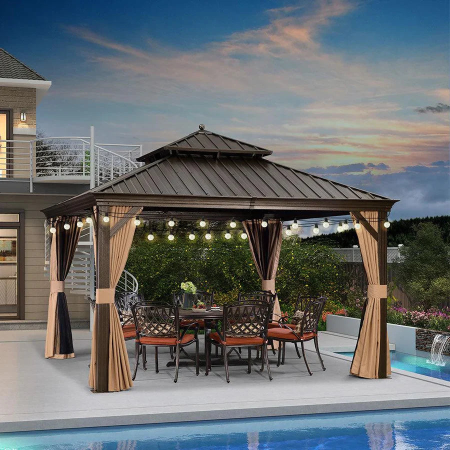 PURPLE LEAF Tonnelle de Jardin, Toit Double en Acier Galvanisé, Avec Rideaux Améliorés et Guirlandes Lumineuses Transparentes, Bronze