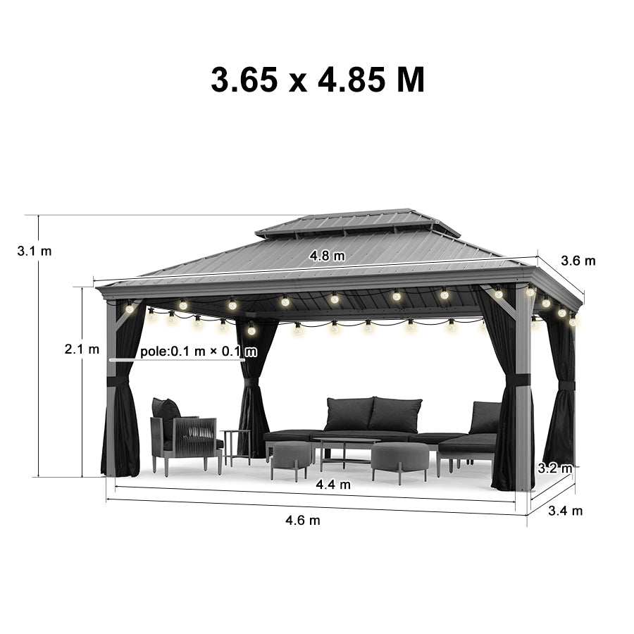 PURPLE LEAF Tonnelle de Terrasse et de Jardin, Toit Rigide en Acier Galvanisé, Conception de Gouttière avec Guirlandes Lumineuses Transparentes, Gris Clair