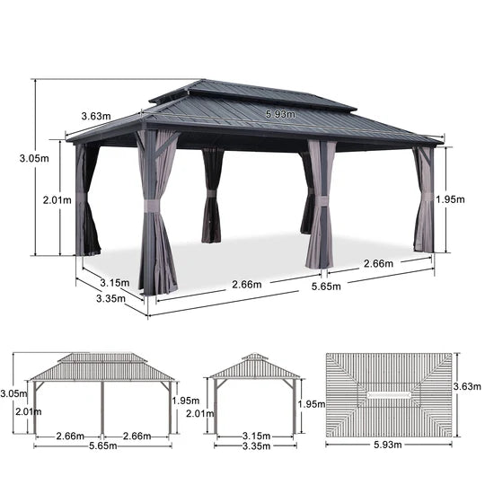 PURPLE LEAF Tonnelle Rigide Gris Modèle Léger Toit Double Robuste Acier Galvanisé Pergola Aluminium Avec Guirlandes Lumineuses Lait