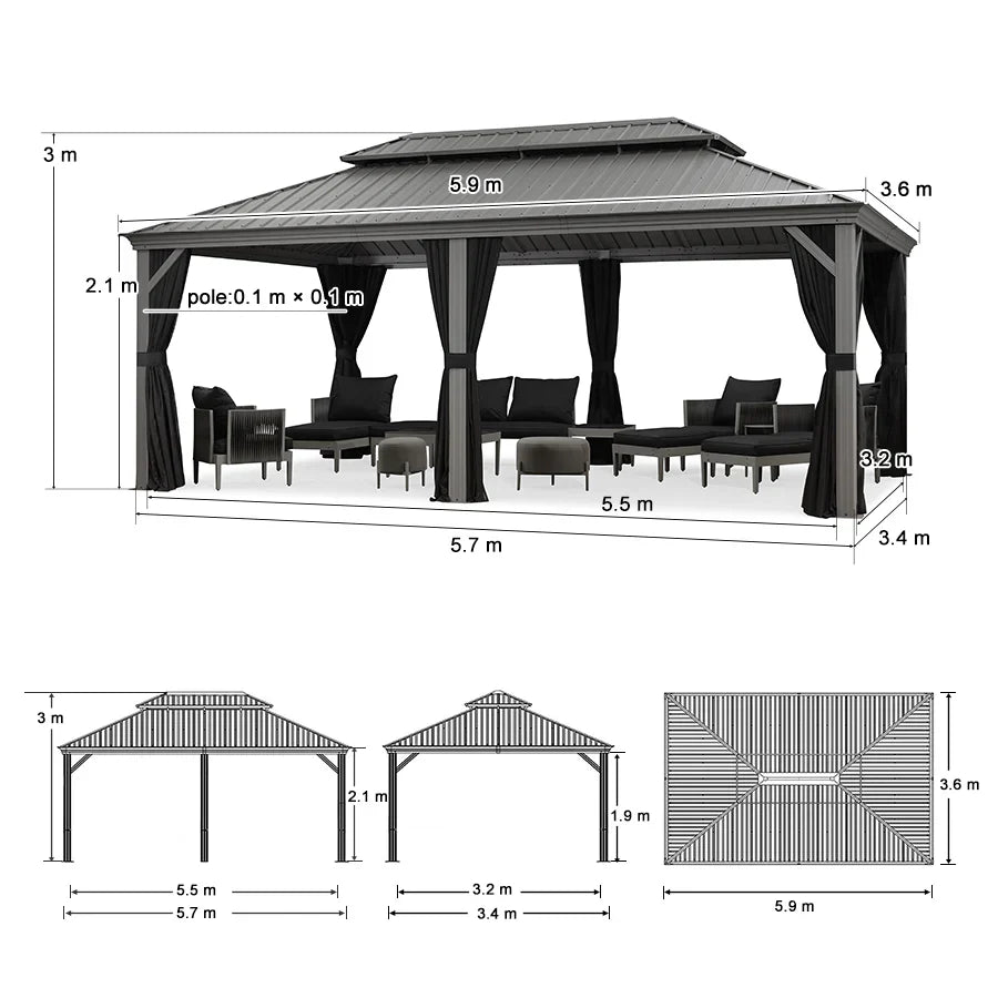 PURPLE LEAF Pavillon Rigide Extérieur en Gris Clair Pergola Aluminium Toit Double Avec Guirlande Lumineuse Lait