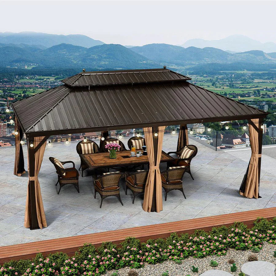 PURPLE LEAF Tonnelle de Jardin, Toit Double en Acier Galvanisé, Avec Rideaux Améliorés et Guirlandes Lumineuses Transparentes, Bronze