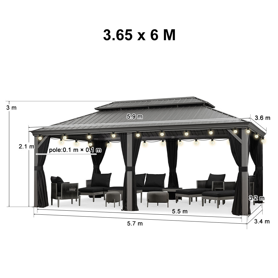 PURPLE LEAF Tonnelle de Terrasse et de Jardin, Toit Rigide en Acier Galvanisé, Conception de Gouttière avec Guirlandes Lumineuses Transparentes, Gris Clair