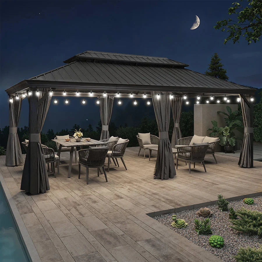 PURPLE LEAF Tonnelle de Jardin Gamme Luxe avec Éclairage LED Intégré - Abat-Jour Blanc Opalin Anti-Éblouissement, Pavillon Gris