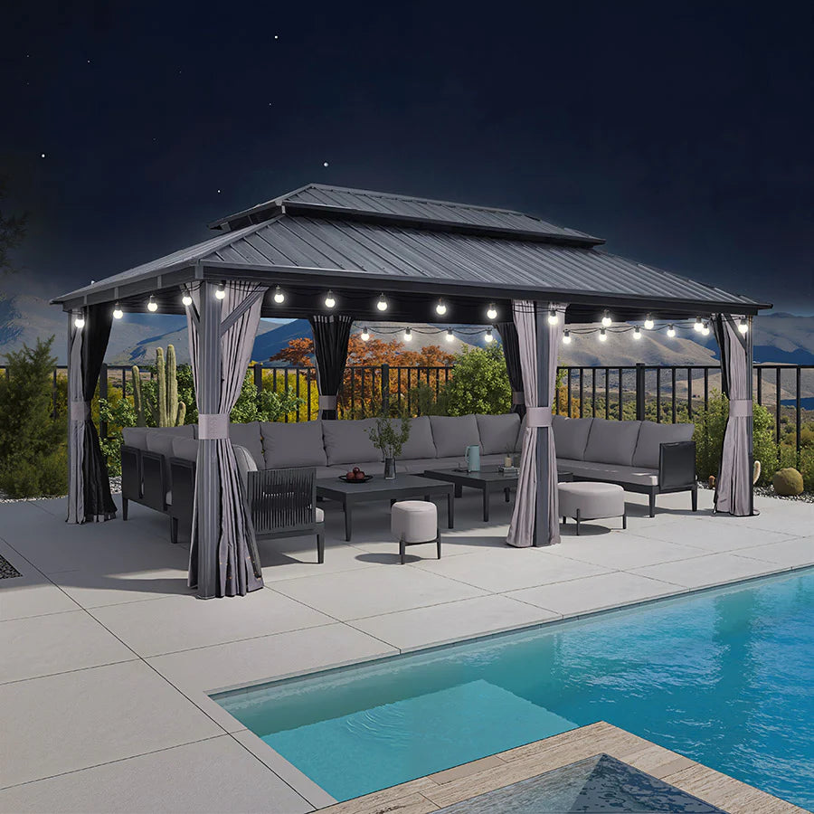 PURPLE LEAF Tonnelle Rigide Gris Modèle Léger Toit Double Robuste Acier Galvanisé Pergola Aluminium Avec Guirlandes Lumineuses Lait
