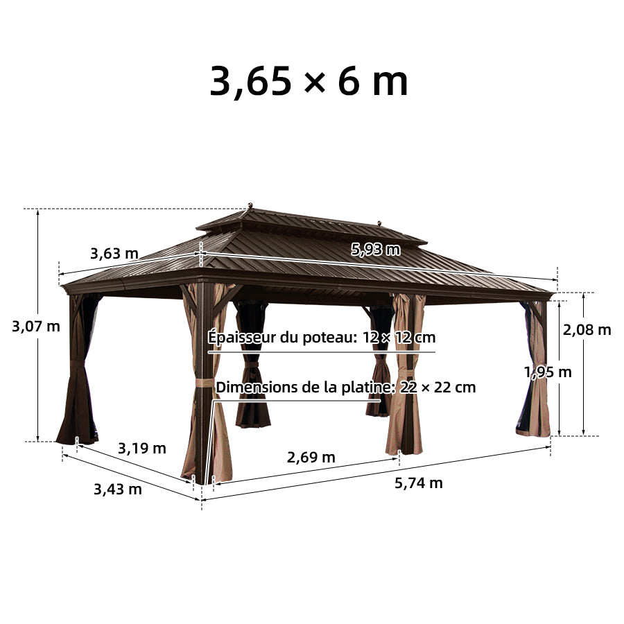 PURPLE LEAF Tonnelle de Jardin Toit Rigide - Pavillon de Terrasse avec Rideaux & Moustiquaire, Anti-Vent & Pluie, Structure Aluminium & Acier Galvanisé Bronze