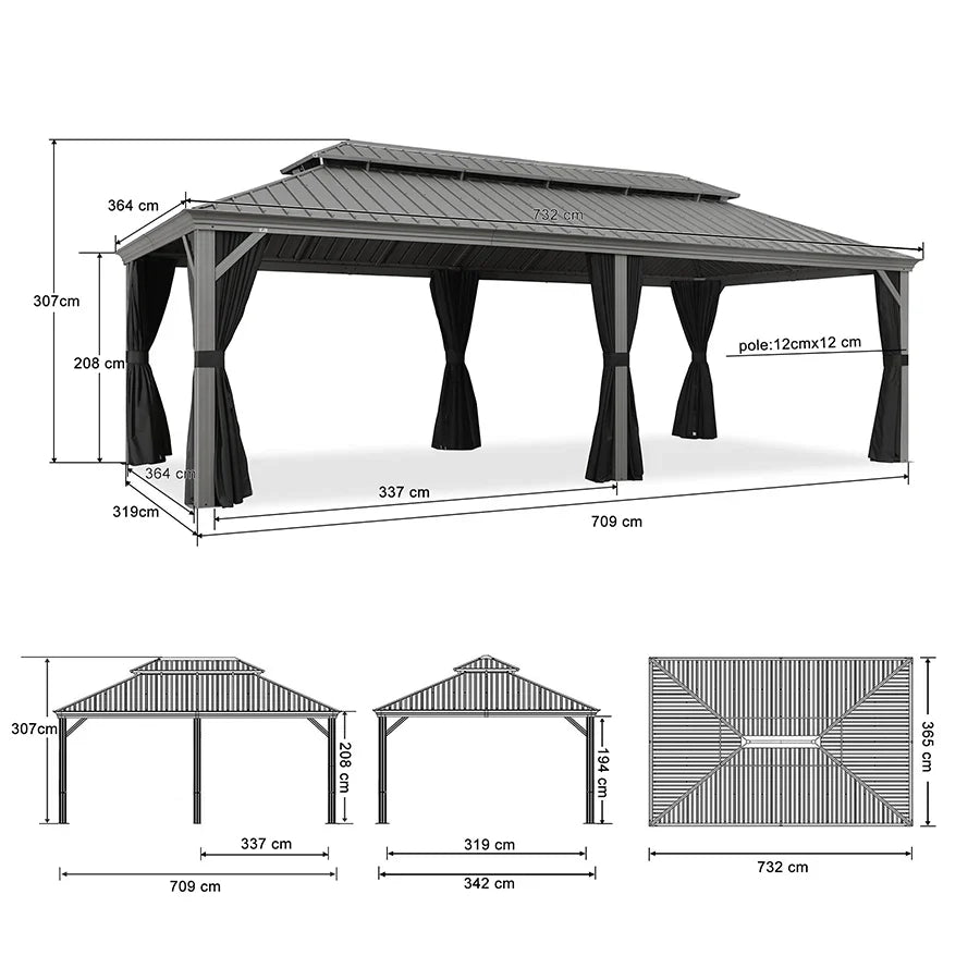 PURPLE LEAF Pavillon Rigide Extérieur en Gris Clair Pergola Aluminium Toit Double Avec Guirlande Lumineuse Lait