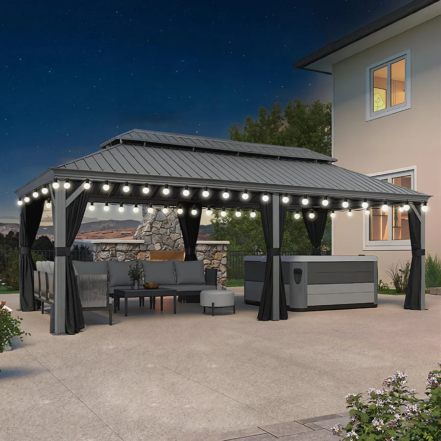 PURPLE LEAF Pavillon Rigide Extérieur en Gris Clair Pergola Aluminium Toit Double Avec Guirlande Lumineuse Lait