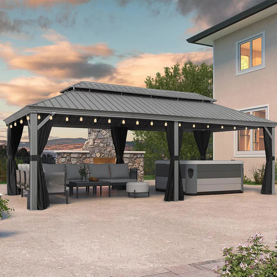 PURPLE LEAF Tonnelle de Terrasse et de Jardin, Toit Rigide en Acier Galvanisé, Conception de Gouttière avec Guirlandes Lumineuses Transparentes, Gris Clair