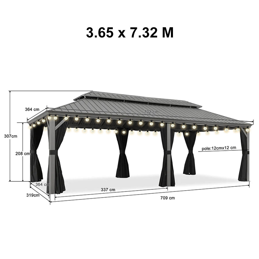 PURPLE LEAF Tonnelle de Terrasse et de Jardin, Toit Rigide en Acier Galvanisé, Conception de Gouttière avec Guirlandes Lumineuses Transparentes, Gris Clair