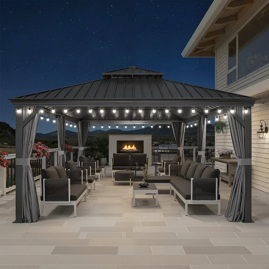 PURPLE LEAF Tonnelle de Jardin Gamme Luxe avec Éclairage LED Intégré - Abat-Jour Blanc Opalin Anti-Éblouissement, Pavillon Gris