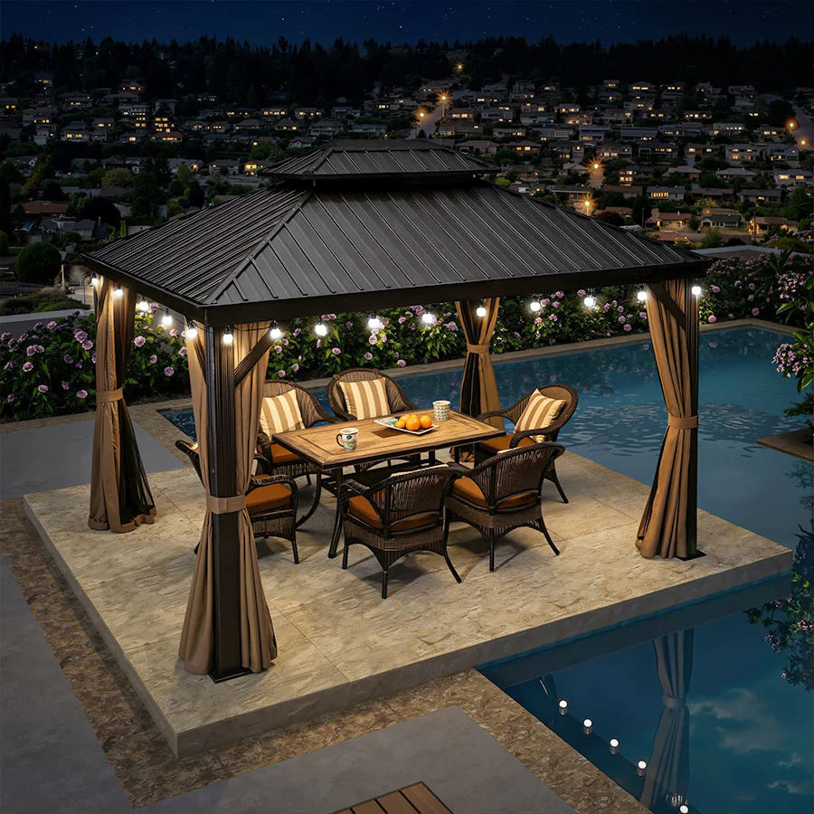 PURPLE LEAF Tonnelle de Jardin Avec Toit Rigide Double Toit de Bronze Pergola Aluminium, Avec Guirlande Lumineuse Blanc Lait