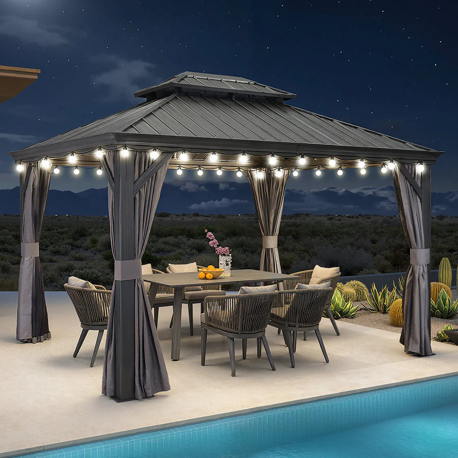 PURPLE LEAF Tonnelle de Jardin Gamme Luxe avec Éclairage LED Intégré - Abat-Jour Blanc Opalin Anti-Éblouissement, Pavillon Gris