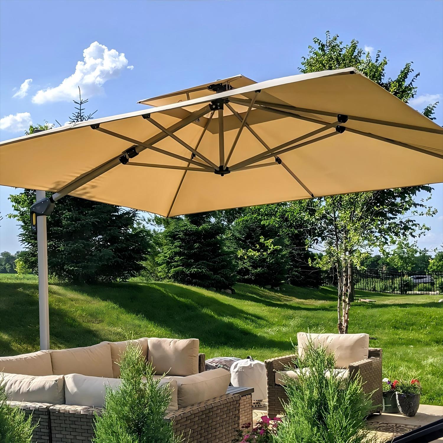PURPLE LEAF Parasol Déporté Inclinable, Parasol De Jardin Exterieur Toit à Double Rotatif 360°,Parasol Terrasse Exterieur Luxueux