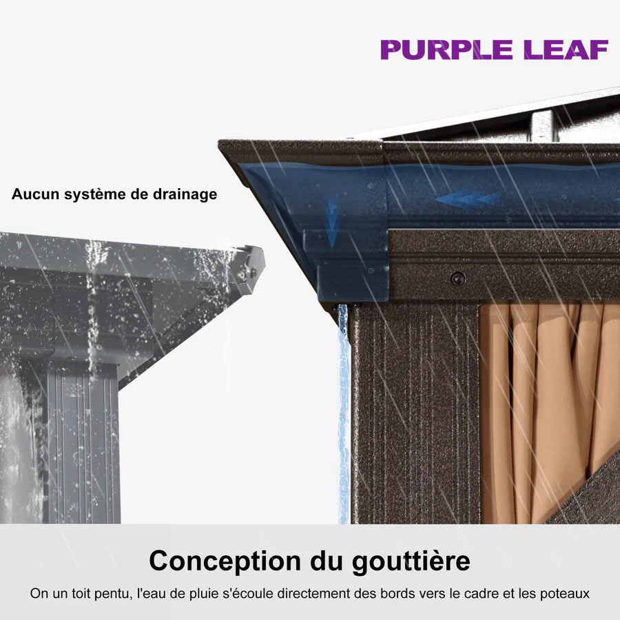 PURPLE LEAF Tonnelle de Jardin, Toit Double en Acier Galvanisé, Avec Rideaux Améliorés et Guirlandes Lumineuses Transparentes, Bronze