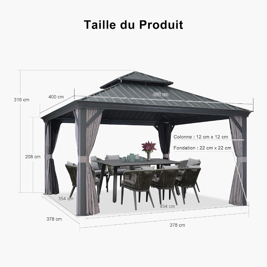 PURPLE LEAF Tonnelle De Jardin Exterieur Tonnelle Aluminum Avec Moustiquaire Et Rideaux Pavillon De Jardin à Double Toit Acier Galvanisé, Gris